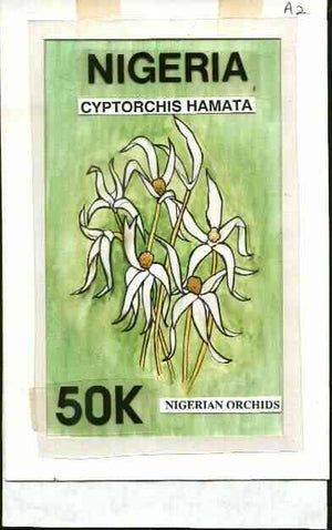 Nigeria 1993 Orchids - original hand-painted artwork for 50k value (Cyrtorchis hamata) by Godrick N Osuji on card 5" x 9" endorsed A2