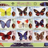 Afghanistan 2001 Butterflies perf sheetlet containing 9 values (also showing Baden Powell and Scout & Guide Logos) unmounted mint. Note this item is privately produced and is offered purely on its thematic appeal, it has no postal validity