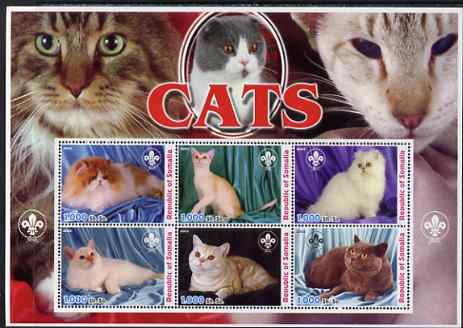 Somalia 2003 Domestic Cats perf sheetlet containing 6 values each with Scout Logo unmounted mint. Note this item is privately produced and is offered purely on its thematic appeal