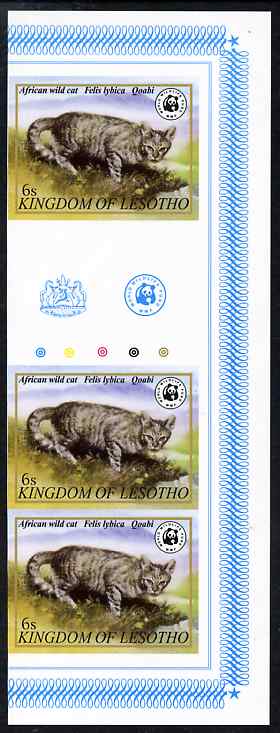 Lesotho 1981 WWF - Wild Cat 6s imperf gutter strip of 3 unmounted mint, only about 20 strips believed to exist, SG 468