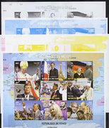 Chad 2009 World Personalities imperf sheetlet containing 9 values - the set of 5 imperf progressive proofs comprising the 4 individual colours plus all 4-colour composites, unmounted mint.