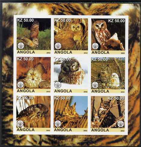 Angola 2002 Owls imperf sheetlet containing 9 values each with Scouts Logo, unmounted mint. Note this item is privately produced and is offered purely on its thematic appeal