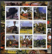 Somaliland 2002 Steam Trains #1 imperf sheetlet containing set of 9 values each with Scout Logo unmounted mint. Note this item is privately produced and is offered purely on its thematic appeal