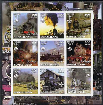 Somaliland 2002 Steam Trains #2 imperf sheetlet containing set of 9 values each with Scout Logo unmounted mint