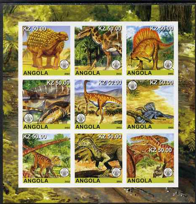 Angola 2002 Dinosaurs imperf sheetlet containing 9 values each with Scouts Logo unmounted mint. Note this item is privately produced and is offered purely on its thematic appeal