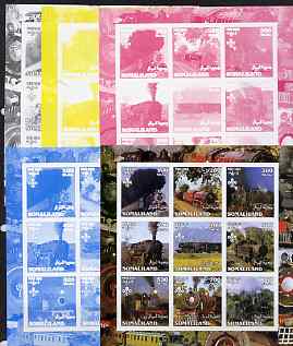 Somaliland 2002 Steam Trains #1 sheetlet containing set of 9 values each with Scout Logo - the set of 5 imperf progressive proofs comprising the 4 individual colours plus all 4-colour composite, unmounted mint