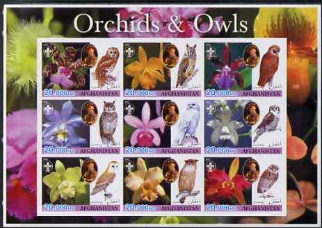 Afghanistan 2003 Orchids & Owls (with baden Powell) imperf sheetlet containing set of 9 values unmounted mint