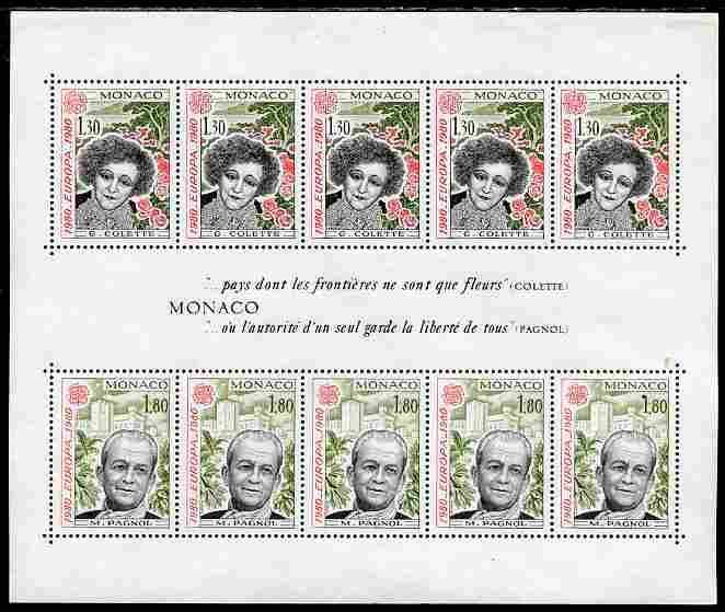 Monaco 1980 Europa - Personalities perf sheetlet containing five sets of two unmounted mint, SG MS 1443