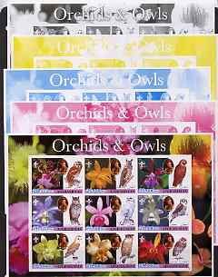 Afghanistan 2003 Orchids & Owls (with baden Powell) sheetlet containing set of 9 values - the set of 5 imperf progressive proofs comprising the 4 individual colours plus all 4-colour composite, unmounted mint