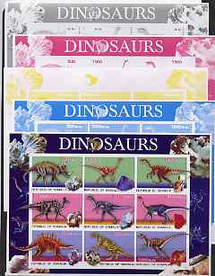 Somalia 2003 Dinosaurs & Minerals sheetlet containing 9 values - the set of 5 imperf progressive proofs comprising the 4 individual colours plus all 4-colour composite, unmounted mint