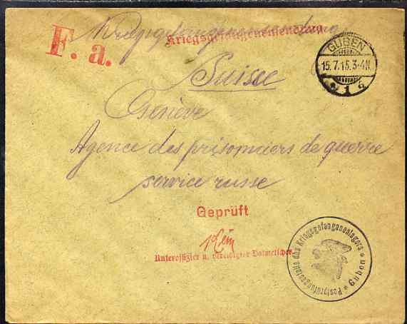 Germany 1915 cover from POW Camp at Guben to Prisoner of War Agency in Geneva, Switzerland with red censor handstamp and Guben POW cachet in black