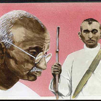 Chad 2009 Mahatma Gandhi original hand-painted artwork for 500F value showing portrait of Gandhi plus him as a Satyagraha in 1906, on board 7 x 4.5 inches without overlay