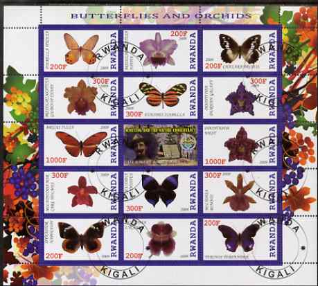 Rwanda 2009 Butterflies & Orchids perf sheetlet containing 14 values plus label showing Baden Powell, fine cto used