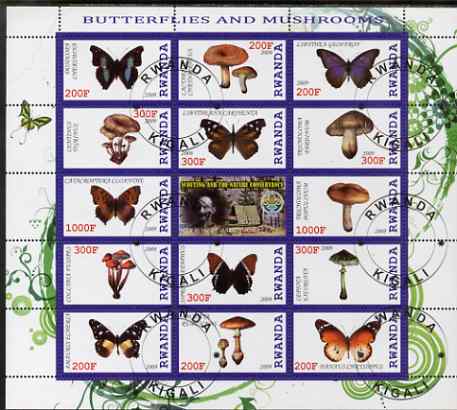 Rwanda 2009 Butterflies & Fungi perf sheetlet containing 14 values plus label showing Baden Powell, fine cto used