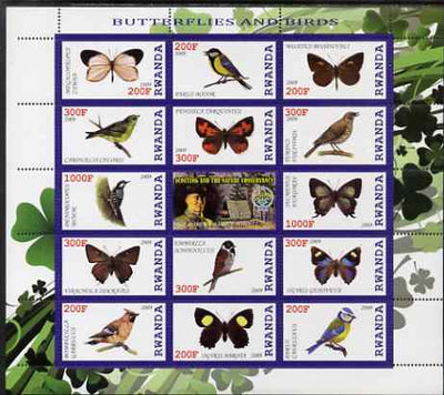 Rwanda 2009 Butterflies & Birds perf sheetlet containing 14 values plus label showing Baden Powell, unmounted mint