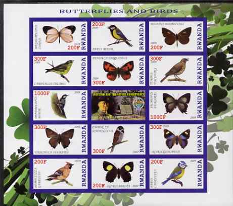 Rwanda 2009 Butterflies & Birds imperf sheetlet containing 14 values plus label showing Baden Powell, unmounted mint