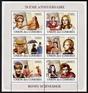 Comoro Islands 2008 70th Birth Anniversary of Romy Schneider (actress) perf sheetlet containing 6 values unmounted mint