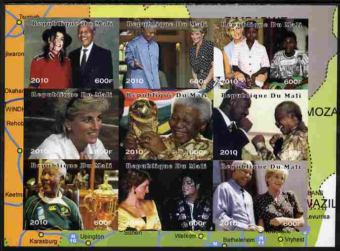 Mali 2010 Princess Diana & Nelson Mandela imperf sheetlet containing 9 values unmounted mint. Note this item is privately produced and is offered purely on its thematic appeal, it has no postal validity