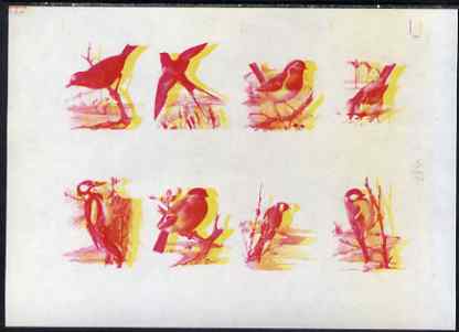 Calf of Man 1973 Birds - imperf proof sheet of 8 in magenta & yellow only, the two colours out of register, on gummed paper, unmounted mint