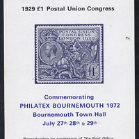 Exhibition souvenir sheet for 1972 Bournemouth Philatex Stamp showing Great Britain PUC £1 value in grey-blue unmounted mint