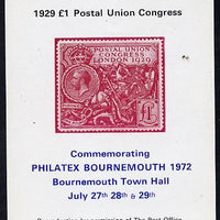 Exhibition souvenir sheet for 1972 Bournemouth Philatex Stamp showing Great Britain PUC £1 value in red unmounted mint