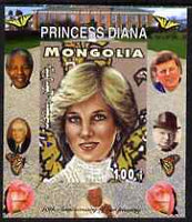 Mongolia 2007 Tenth Death Anniversary of Princess Diana 100f imperf m/sheet #03 unmounted mint (Churchill, Kennedy, Mandela, Roosevelt & Butterflies in background)