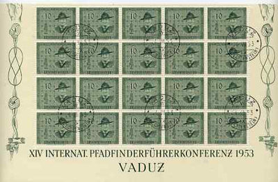 Liechtenstein 1953 Scout Conference set of 4 in complete sheets of 20 (10r reduced at top) all fine cds used, SG 313-6 cat £400+