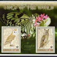 Liberia 2005 Owls of the World perf sheetlet containing 2 values unmounted mint (Butterfly & Scouts Logo in background)