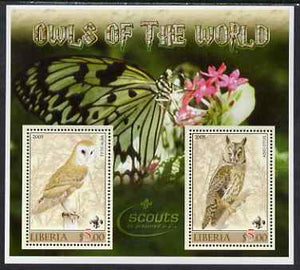 Liberia 2005 Owls of the World perf sheetlet containing 2 values unmounted mint (Butterfly & Scouts Logo in background)