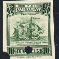 Paraguay 1944-45 Paddle Steamer 10c imperf proof with Waterlow & Sons security punch holes (some wrinkles) as SG 591