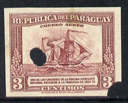 Paraguay 1944-45 Paddle Steamer 3c imperf proof with Waterlow & Sons security punch holes (some wrinkles) as SG 597