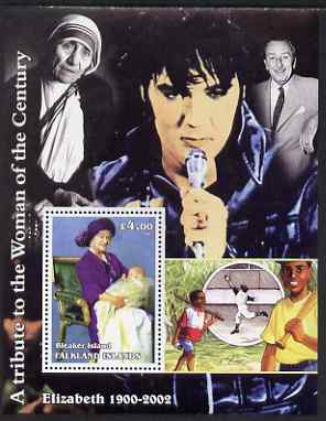 Bleaker Island (Falkland Islands) 2002 A Tribute to the Woman of the Century #1 Queen Mother perf souvenir sheet unmounted mint (Also shows Mother Teresa, Elvis, Walt Disney & Baseball)