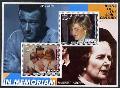 Somalia 2001 Icons of the 20th Century #13 - Diana & Walt Disney perf sheetlet containing 2 values with John Wayne & Margaret Thatcher in background unmounted mint