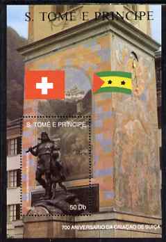 St Thomas & Prince Islands 1990 700th Anniversary of Swiss Confederation perf m/sheet #3 (Statue of William Tell) unmounted mint