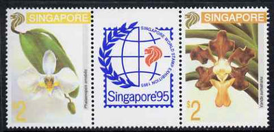 Singapore 1993 Singapore 95 International Stamp Exhibition set of 2 Orchids (3rd Issue) in gutter pair with Stamp Exhibition insignia printed in gutter, unmounted mint SG 725-26