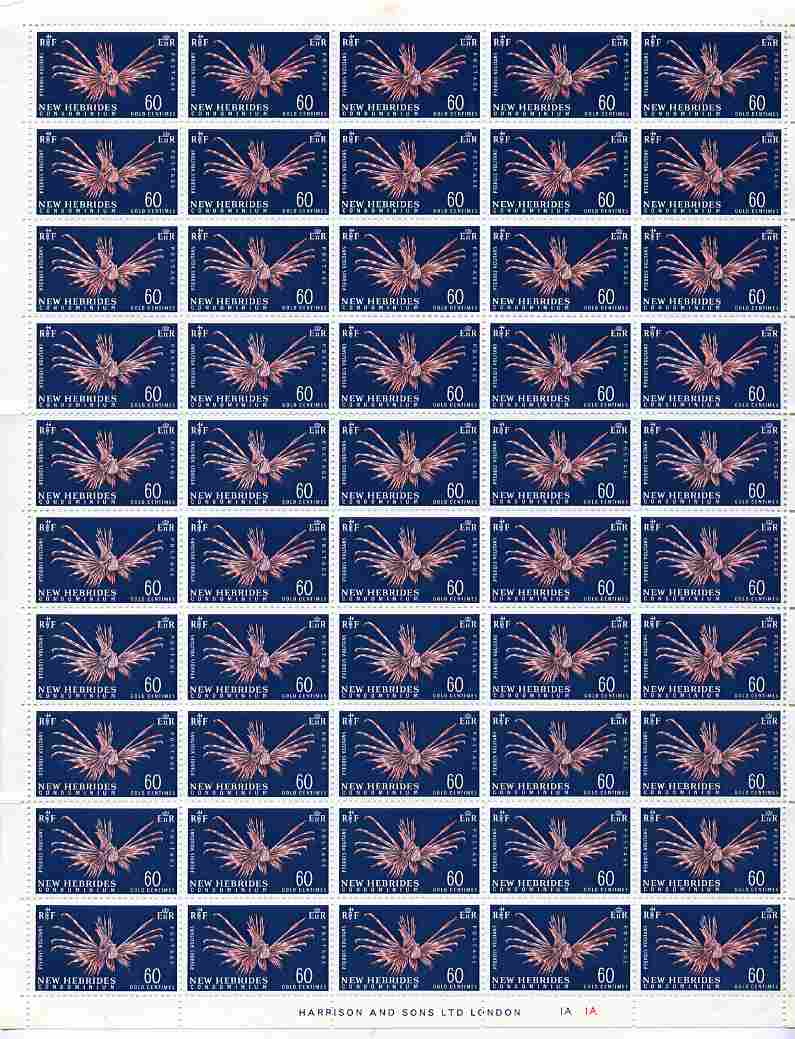 New Hebrides - English 1967 Lionfish 60c new value definitive complete folded sheet of 50 unmounted mint, SG 129