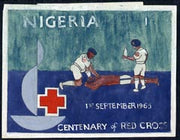 Nigeria 1963 Red Cross Centenary - original artwork for 1s value showing emblem and first aid team (Similar to issued 3d value) on paper size 5"x4"