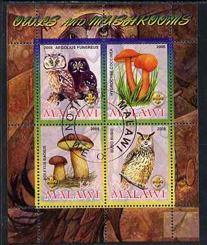 Malawi 2008 Owls & Mushrooms #1 perf sheetlet containing 4 values, each with Scout logo fine cto used