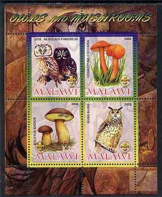 Malawi 2008 Owls & Mushrooms #1 perf sheetlet containing 4 values, each with Scout logo unmounted mint