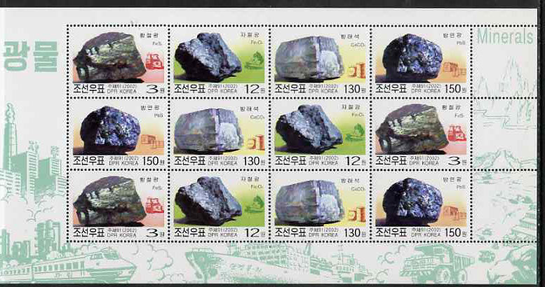 North Korea 2002 Minerals perf sheetlet containing 3 x strips of 4, unmounted mint, as SG N4245-48