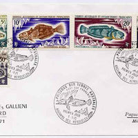 French Southern & Antarctic Territories 1971 Fish the five values issued on 1 Jan on 'MS Gallieni' cover with illustrated first day cancel, SG 61-3 & 65-6