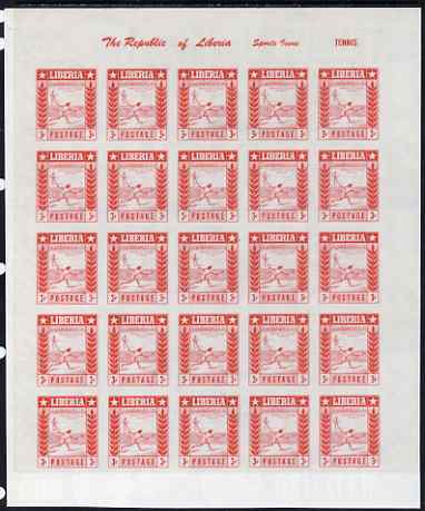 Liberia 1955 Tennis 3c imperf proof of red printing only as SG 756 Complete sheet of 25 on ungummed paper (reverse shows blue printing of 10c Baseball stamp SG 759 and commercial advert)