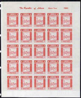 Liberia 1955 Tennis 3c imperf proof of red printing only as SG 756 Complete sheet of 25 on ungummed paper (reverse shows blue printing of 10c Baseball stamp SG 759 and commercial advert)