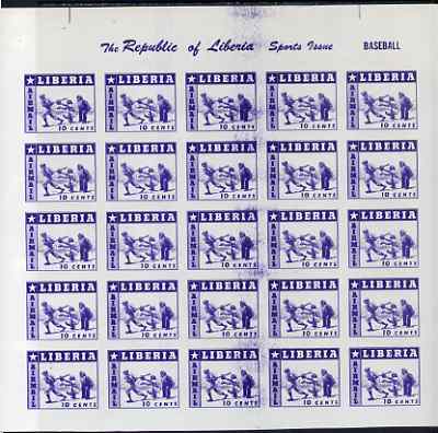 Liberia 1955 Baseball 10c imperf proof of blue printing only as SG 759 Complete sheet of 25 on ungummed paper (reverse shows red printing of 3c Tennis stamp SG 756)