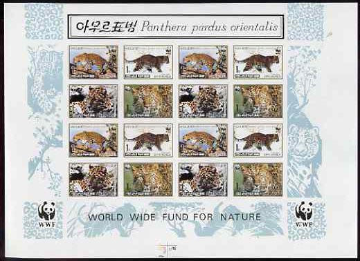 North Korea 1998 WWF Leopard imperf proof sheetlet containing 16 stamps (4 blocks) - the set of 7 imperf progressive proofs comprising the 6 individual colours (magenta, yellow, blue, black, grey & gold) plus all 6-colour composite, as SG N3803-06