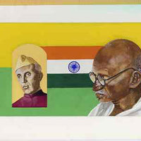 Chad 2009 Mahatma Gandhi original hand-painted artwork for 500F value showing portrait of Gandhi with Nehru & Indian Flag, on board 9 x 5 inches, without overlay