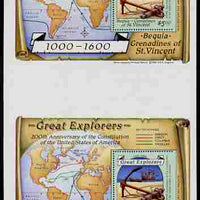 St Vincent - Bequia 1988 Explorers $5 m/sheet (Map & Anchor) vert pair each stamp being perforated on three sides only, unmounted mint from an uncut archive proof sheet, folded vertically but extremely rare.