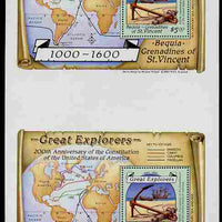 St Vincent - Bequia 1988 Explorers $5 m/sheet (Map & Anchor) vert pair unmounted mint from an uncut archive proof sheet, folded vertically but extremely rare.