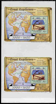 St Vincent - Bequia 1988 Explorers $5 m/sheet (Map & Anchor) vert pair unmounted mint from an uncut archive proof sheet, folded vertically but extremely rare.