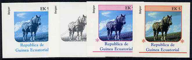 Equatorial Guinea 1976 Horses EK5 (Belgier) set of 4 imperf progressive proofs on ungummed paper comprising 1, 2, 3 and all 4 colours (as Mi 807)